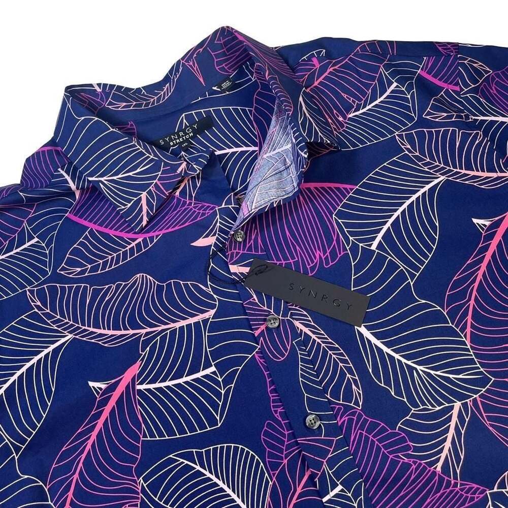 Synrgy Stretch Big Tall Leaf Print Short Sleeve Button Down Shirt XL NWT